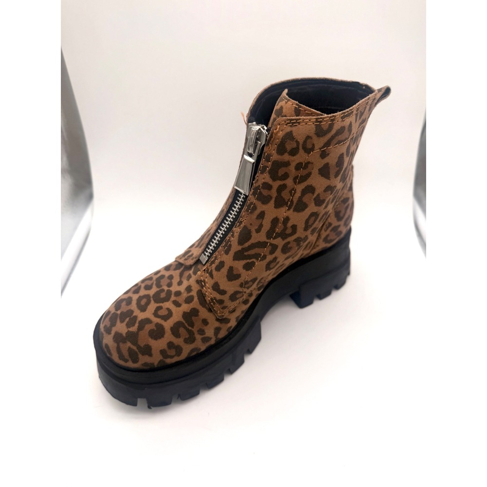 GB Leopard Print Leather Front Zip Lug‎ Sole Ankle Boots Brown Black Womens 7M